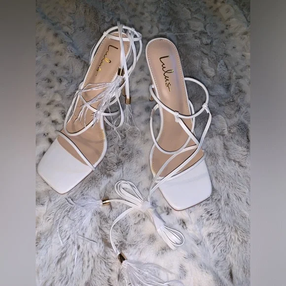 Lulus Majorine White Feather Lace-Up High Heel Sandals - Picture 4 of 9